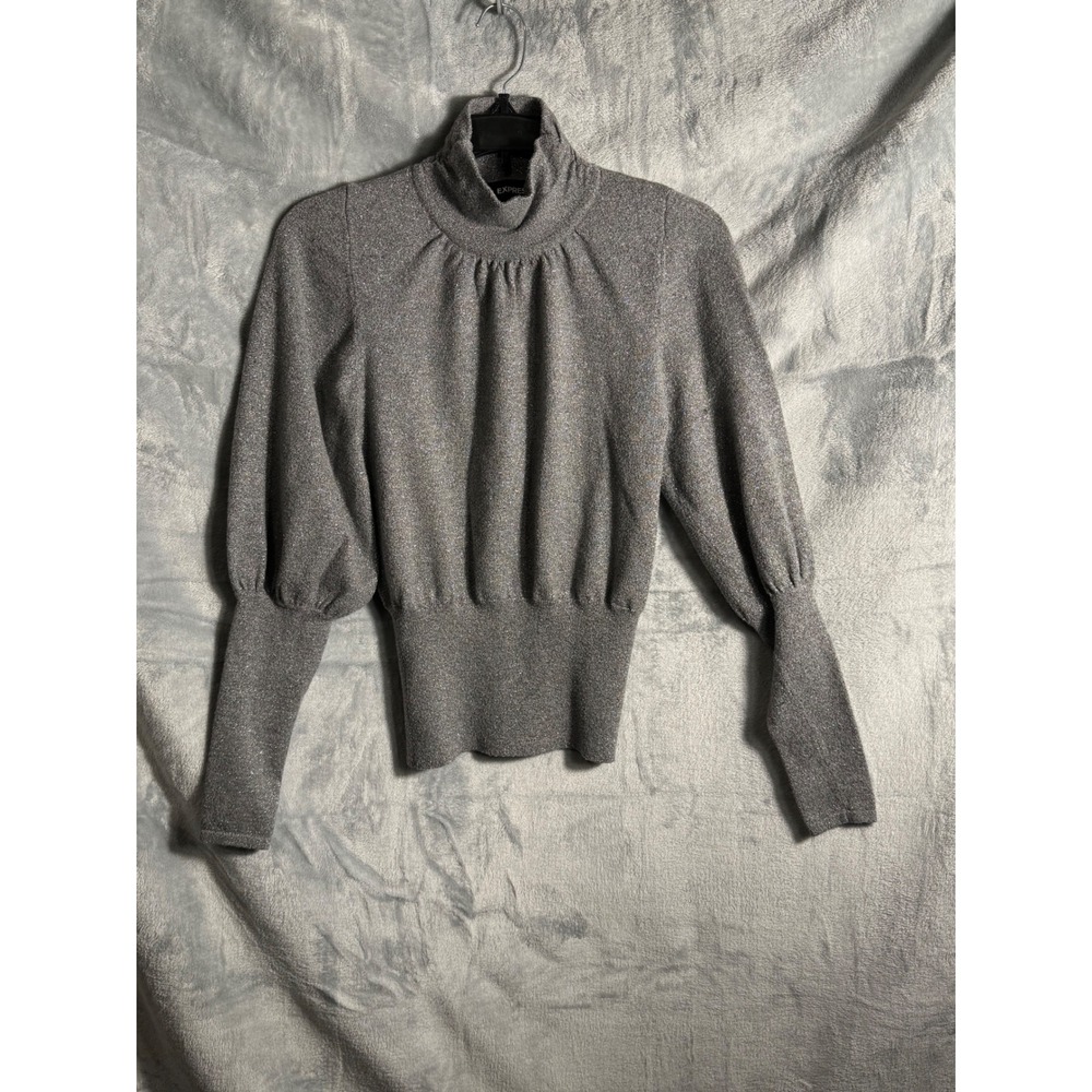EXPRESS Metallic Sparkle Turtleneck Puff Sleeve Sweater‎ Top XS